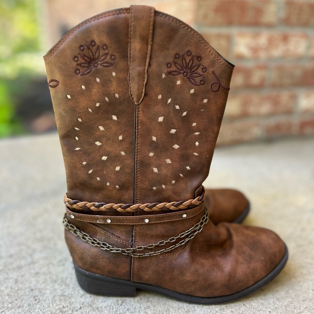 Flex west cowgirl brown faux leather boots big girl size 6m
